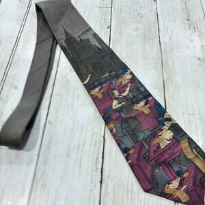 Vintage 100% Italian Silk Necktie Men's Art Tie Cityscape Office Scene Novelty